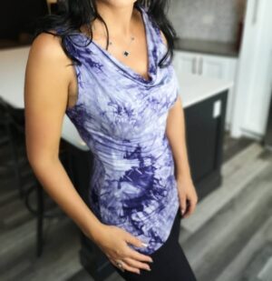 Purple stylish tie-dye cowl neck tank top.