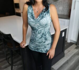 Dark and light teal green fun and flirty cowl neck tie-dye top.
