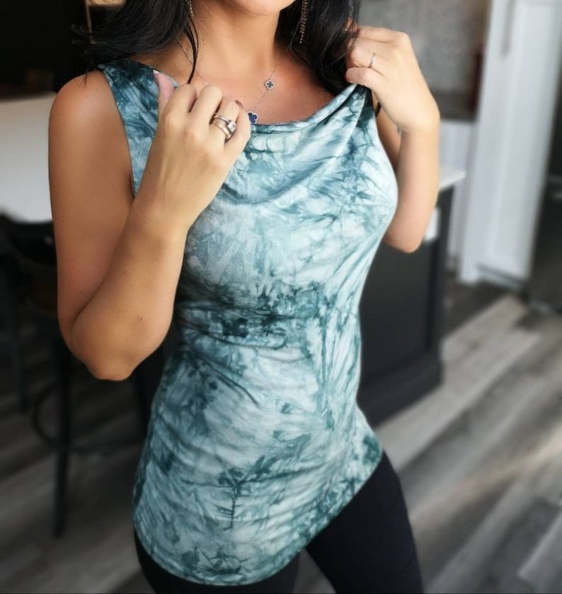 Dark and light teal green fun and flirty cowl neck tie-dye top.