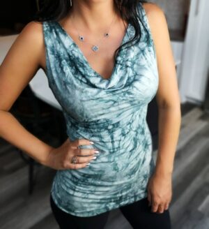 Dark and light teal green fun and flirty cowl neck tie-dye top.