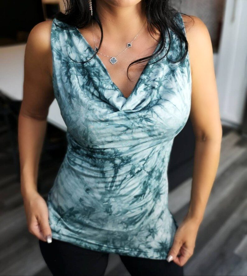 Dark and light teal green fun and flirty cowl neck tie-dye top.