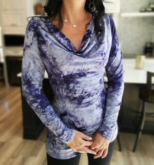 Purple tie-dye cowl neck long-sleeve top.