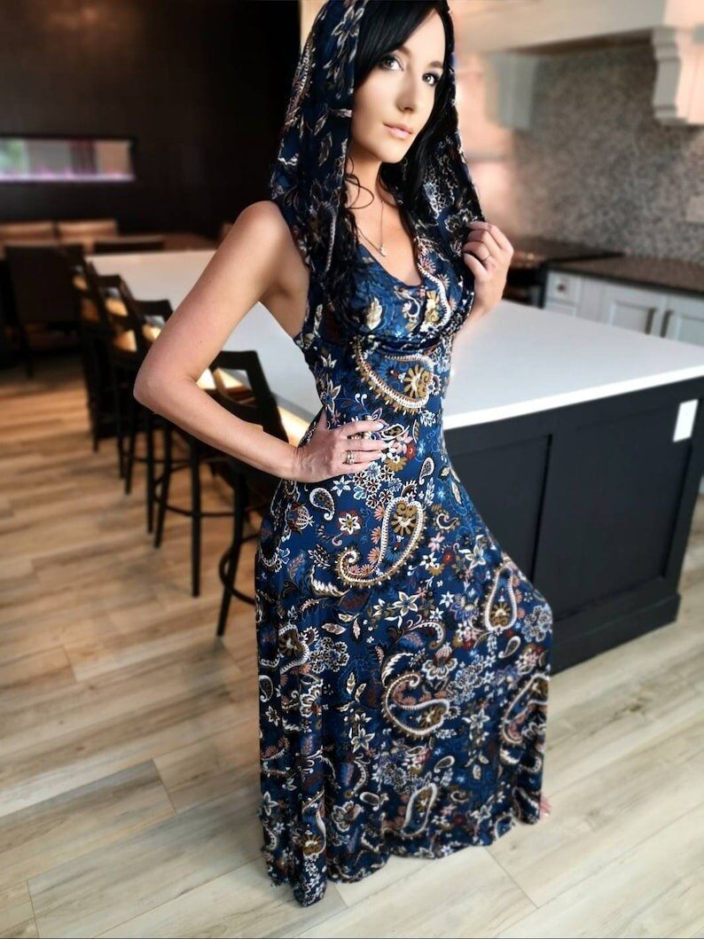 Blue hooded paisley maxi dress.