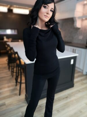 Black soft bamboo long-sleeve cowl neck top.