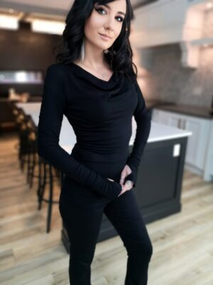Black soft bamboo long-sleeve cowl neck top.