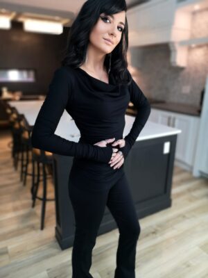 Black soft bamboo long-sleeve cowl neck top.