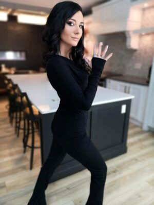 Black soft bamboo long-sleeve cowl neck top.