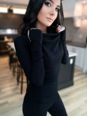 Black soft bamboo long-sleeve cowl neck top.