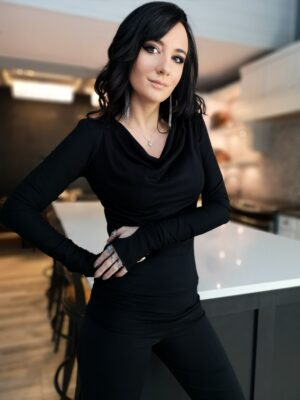 Black soft bamboo long-sleeve cowl neck top.
