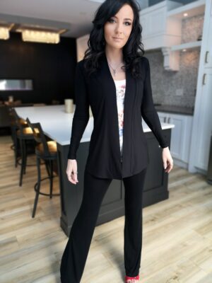 Fitted long-sleeve black cardigan, bamboo blend.