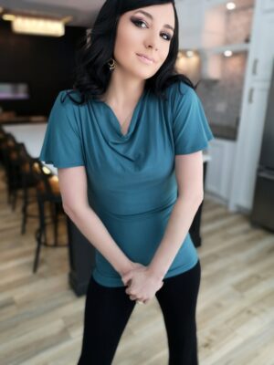 Ocean blue cowl neck top.