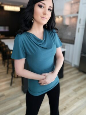 Ocean blue cowl neck top.