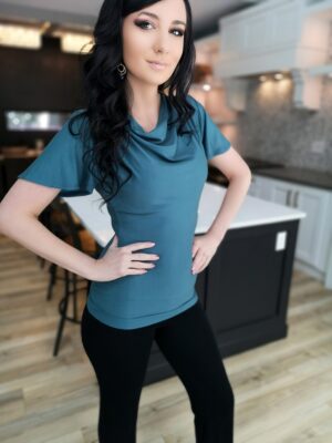 Ocean blue cowl neck top.