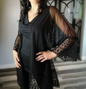 Black mesh draping cardigan.