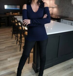 Navy blue ribbed long-sleeve top.