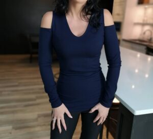 Navy blue ribbed long-sleeve top.
