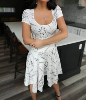 White and silver tissue hem asymmetrical dress.