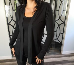 Black long-sleeve cardigan, rayon blend.