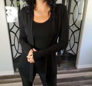 Black long-sleeve cardigan, rayon blend.