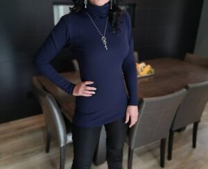 Navy blue ribbed turtleneck.