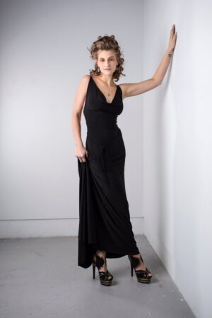 Black cowl neck backless maxi dress.