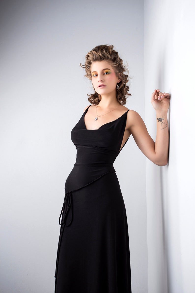 Black cowl neck backless maxi dress.