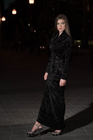 Black velvet hooded long-sleeve dress.