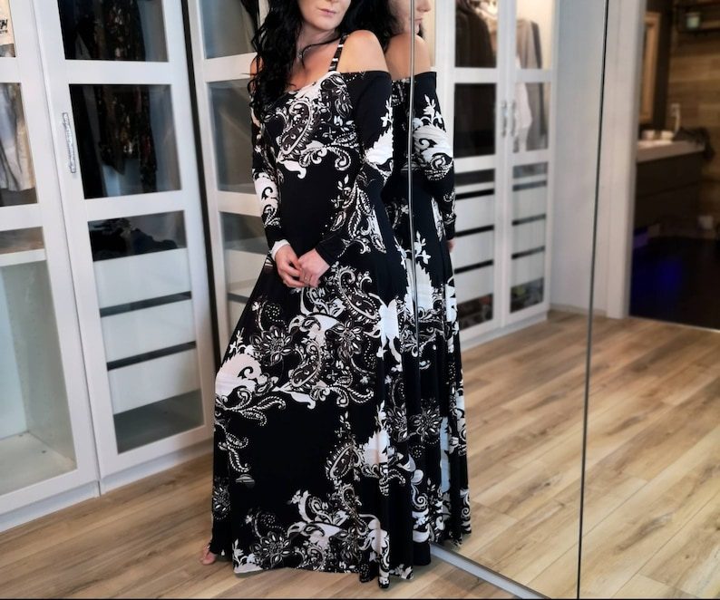 Bold paisley print in classic black and white maxi dress.