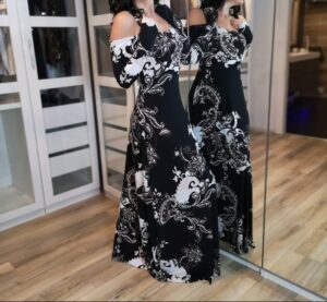 Bold paisley print in classic black and white maxi dress.