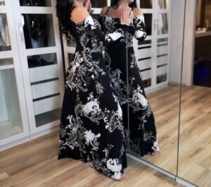 Bold paisley print in classic black and white maxi dress.