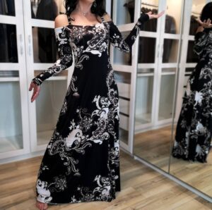 Bold paisley print in classic black and white maxi dress.