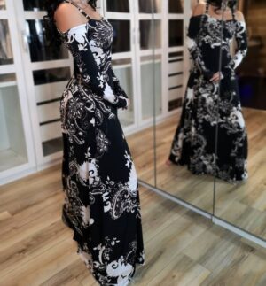 Bold paisley print in classic black and white maxi dress.