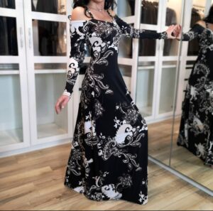 Bold paisley print in classic black and white maxi dress.