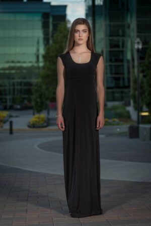 Solid black cap sleeve fitted maxi dress.