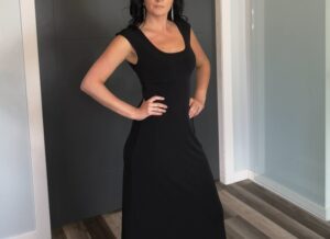 Solid black cap sleeve fitted maxi dress.