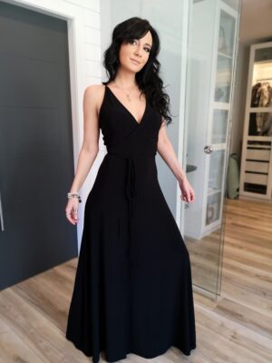 Black maxi dress with open back and front slit.