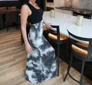 Black, white and gray fitted maxi dress.