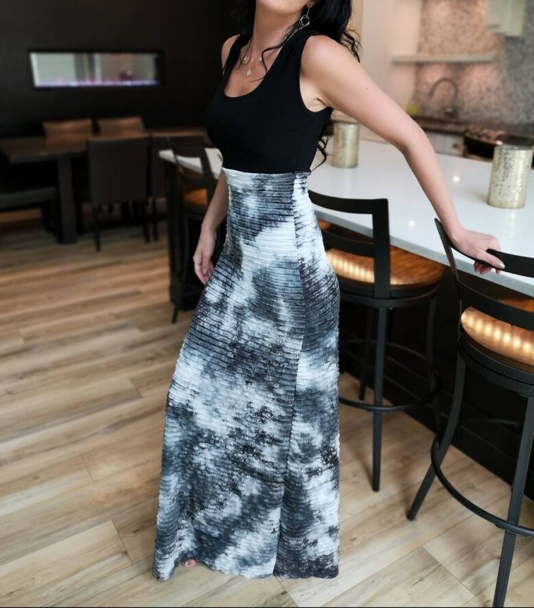 Black, white, and gray fitted maxi dress.