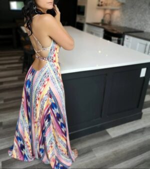 Mexican-style multicolour cowl neck open back maxi dress.
