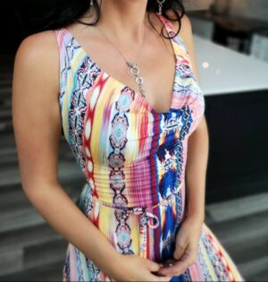 Mexican-style multicolour cowl neck open back maxi dress.
