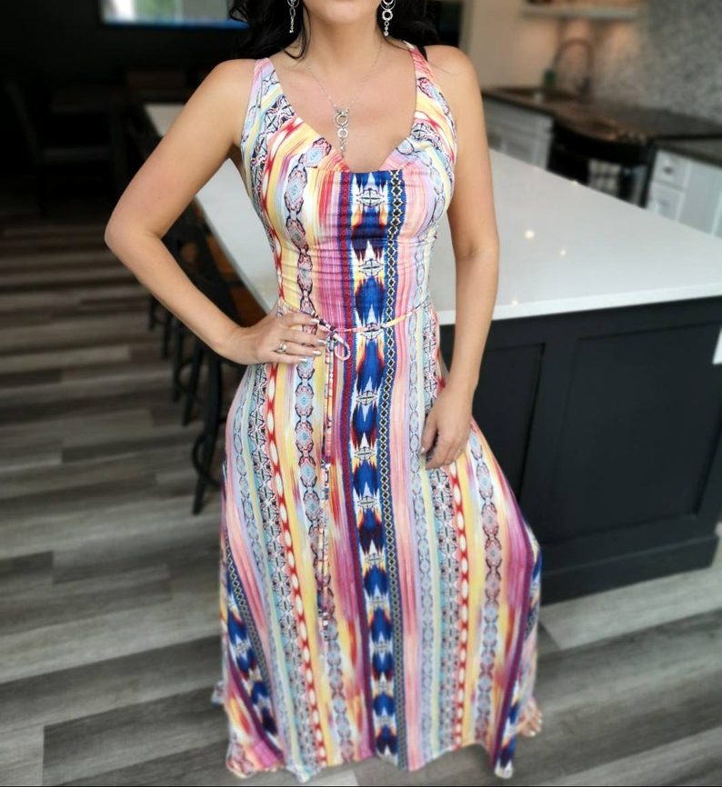 Mexican-style multicolour cowl neck open back maxi dress.