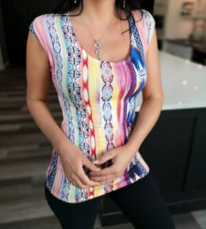 Mexican-style multicolour fitted cap sleeve top.