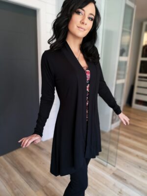 Black classy long-sleeve rayon blend cardigan.