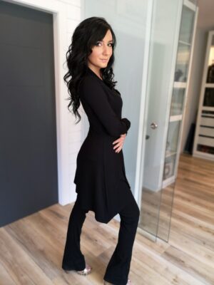 Black classy long-sleeve rayon blend cardigan.
