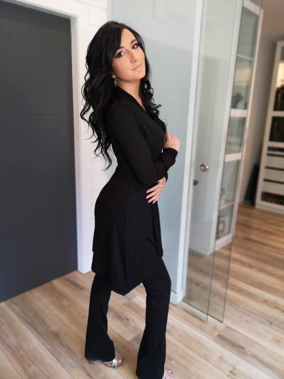 Black classy long-sleeve rayon blend cardigan.
