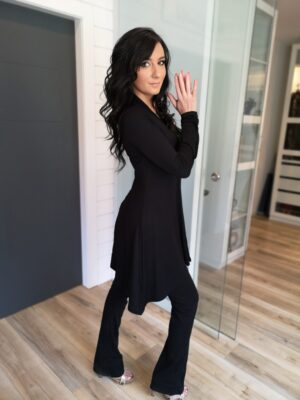 Black classy long-sleeve rayon blend cardigan.