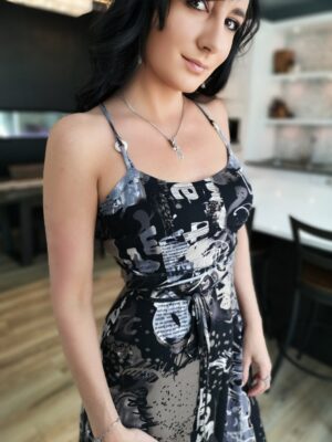 Grays on black mini graffiti print dress.