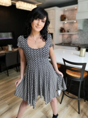 Black white houndstooth adorable puppy dog print dress.
