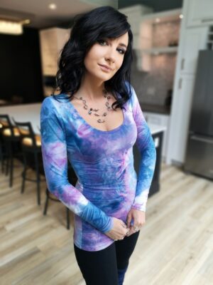 Blue and purple colorful long-sleeve tie-dye fitted top.