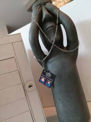Sims long silver paperclip chain.